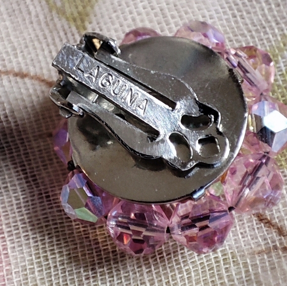 LAGUNA Light Pink Aurora Borealis Crystal Vintage Clip Silver Tone Earrings - Picture 4 of 8